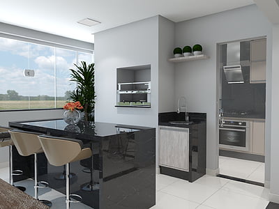 балкон, кухня, 3D, візуалізації, Moveis planejados, домашній кухні, Внутрішні приміщення