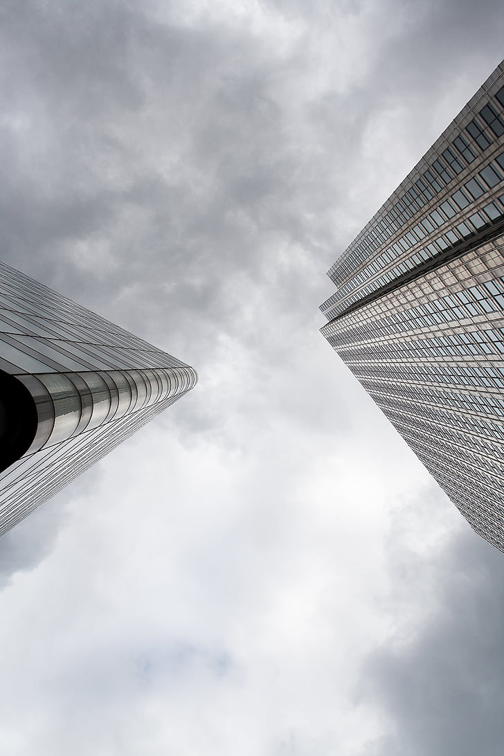 bottom, view, two, buildings, cloudy, day, building
