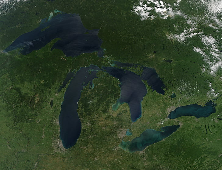 grans llacs, Vista aèria, terra, espai, núvols, Canadà, EUA