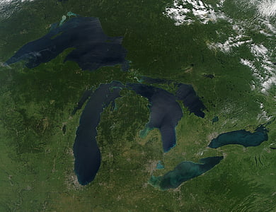 Velká jezera, Letecký pohled, země, prostor, mraky, Kanada, Spojené státy americké