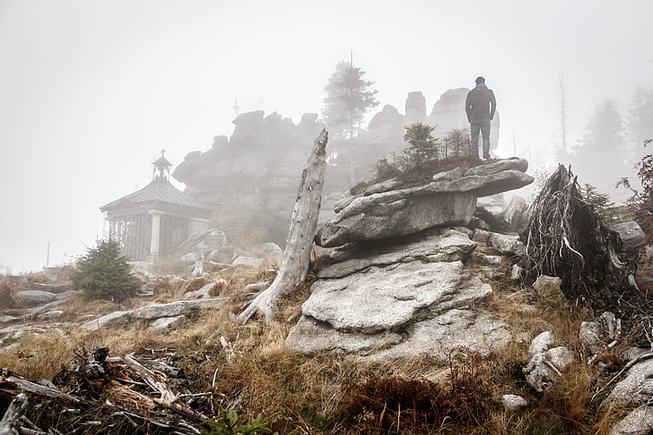 rocks, male, temple, person, misty, mountain, landscape