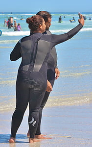 Surfer, wetsuit, liefhebbers, selfie, strand, zee, Oceaan