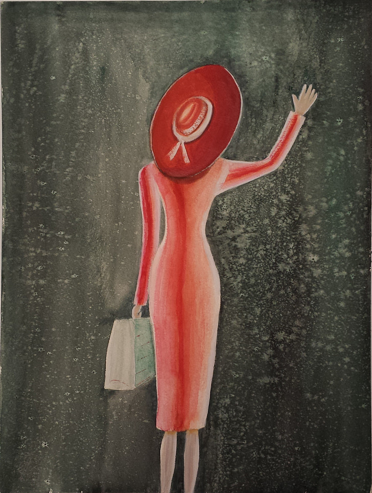 farewell, woman with suitcase, she waves, illustration