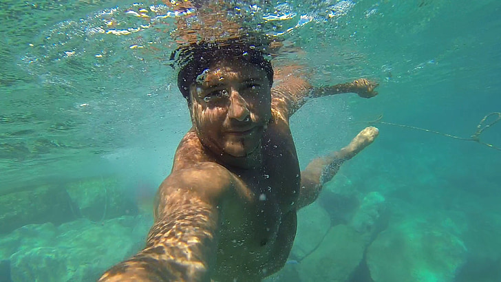 selfie, natação, snorkel, oceano, mar, férias, viagens