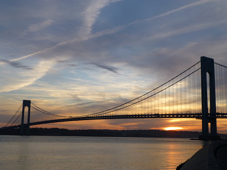 สะพานแคบ verrazano, สะพาน, พระอาทิตย์ตก, นิวยอร์ก, ny, อเมริกา, แมนฮัตตัน