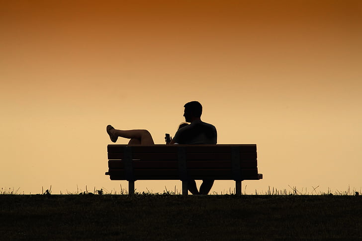 bench, couple, sunset, grass, park, people, man