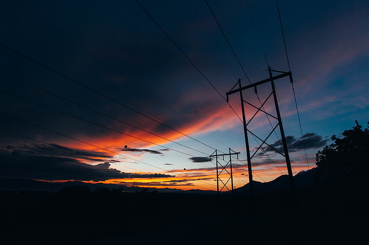 dawn, dusk, electricity, power lines, silhouette, sky, sunrise