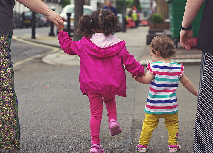 children, kids, babies, walking, street, together, hands