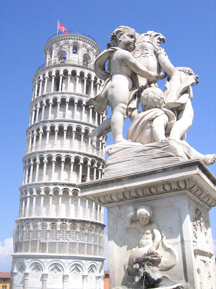 Itálie, Pisa, věž, socha, léto, vlajka, modrá