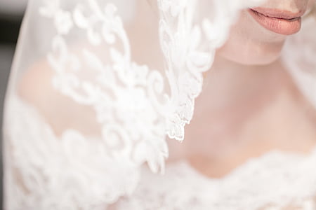 Closeup, fotografie, vrouw, wit, bruiloft, jurk, gezicht