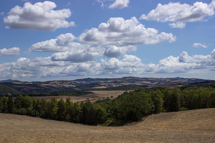 maastik, Toscana, Itaalia, loodus, põllumajandus, suvel, pilved
