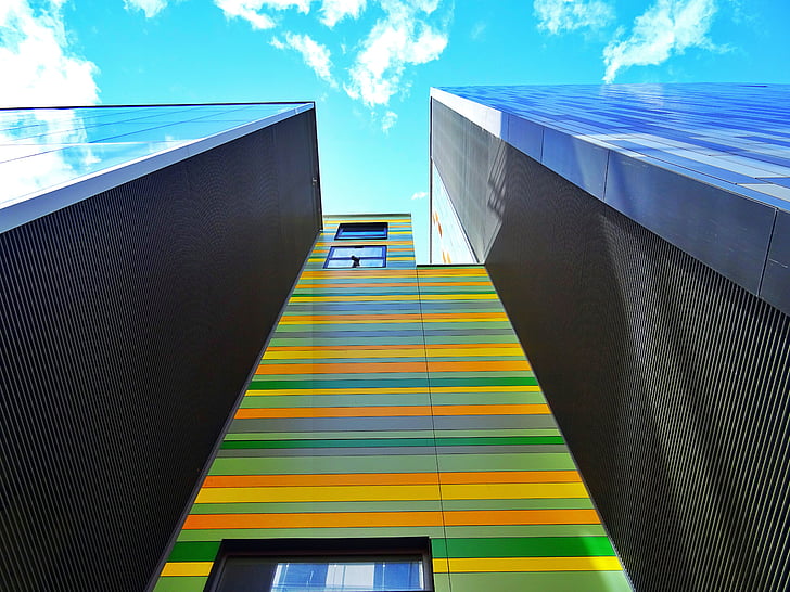 architecture, building, colorful, colourful, low angle shot, perspective, skyscraper