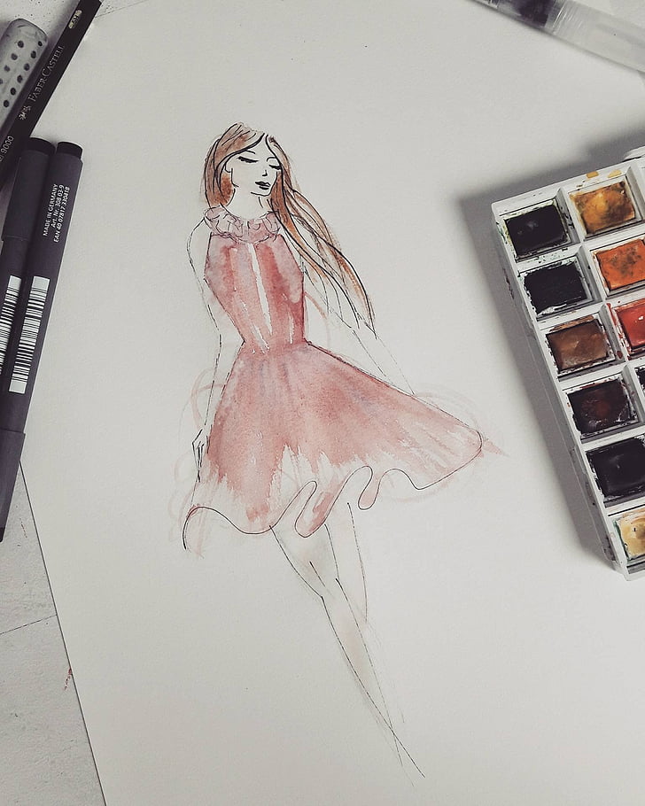 woman, dress, pink, watercolor, felt, drawing, pen