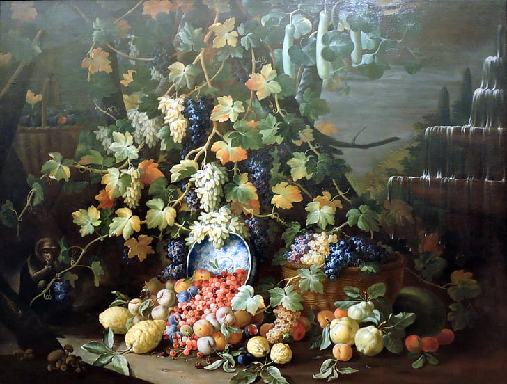 le cadre, nature morte, fruits, raisins, feuilles, singe, Fontana