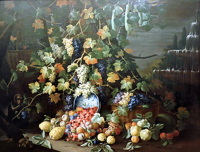 το πλαίσιο, Νεκρή φύση, φρούτα, σταφύλια, φύλλα, μαϊμού, Fontana