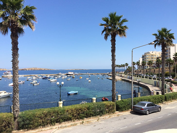 zee, jacht, Malta, palmbomen, auto