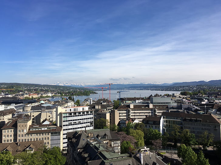 Zurich, sjön, panoramautsikt över, staden, sommar, Alperna, zurichsee
