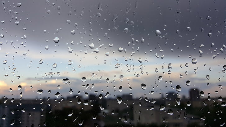 rain, window, view, raindrops, drops, rhombus, blue