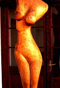 mulher, tronco, estátua, madeira