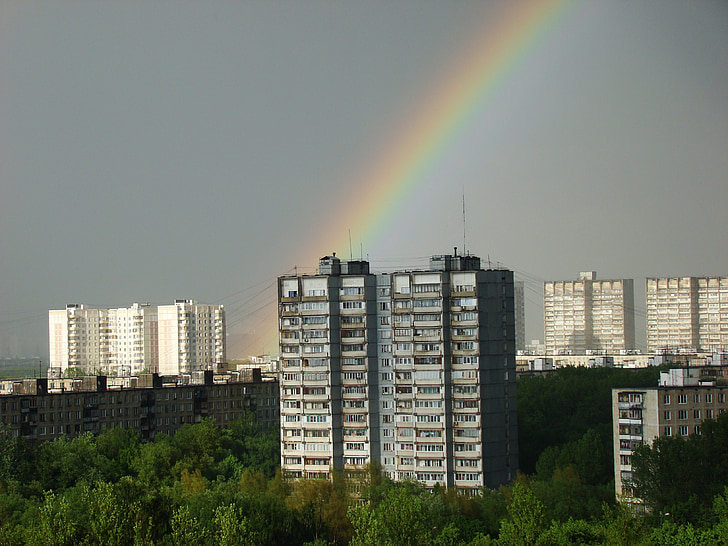 city, rainbow, high rise building