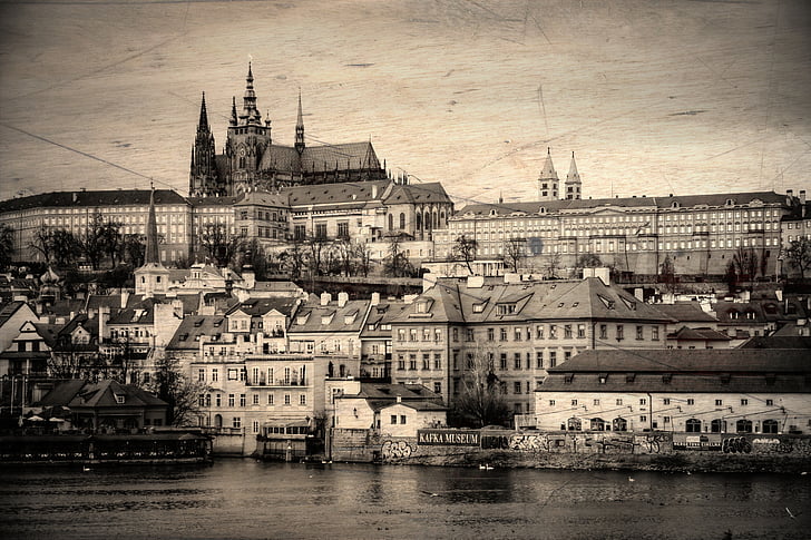 Praha, hrad, Vltava, černá a bílá, Evropa, známé místo, Architektura