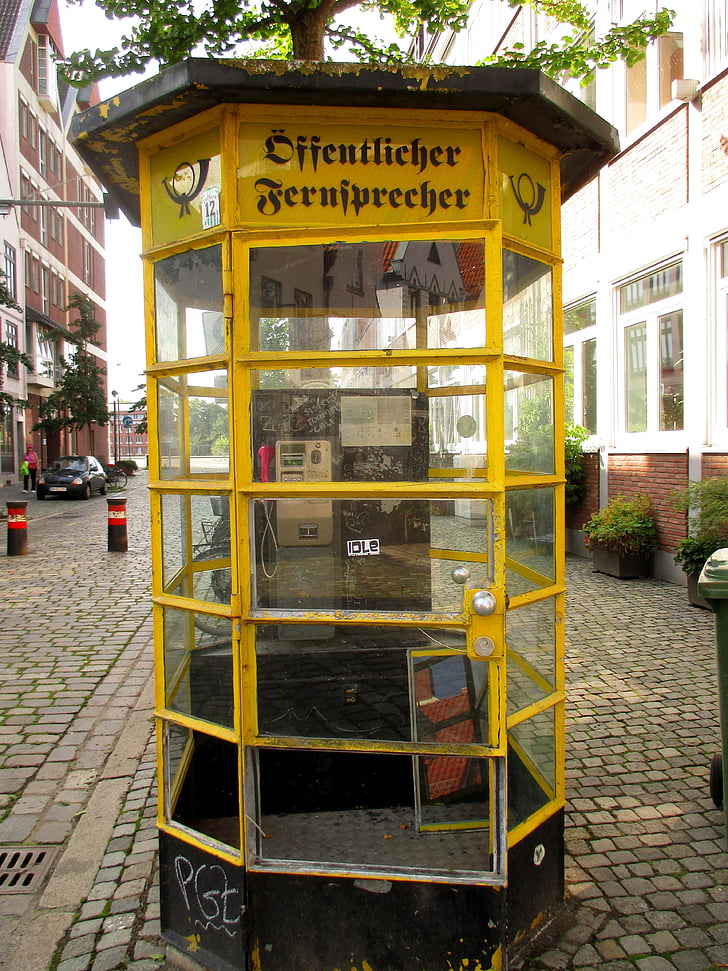 telefonkiosk, historiskt sett, telefonautomat, Bremen, föråldrade, Tyskland, gul