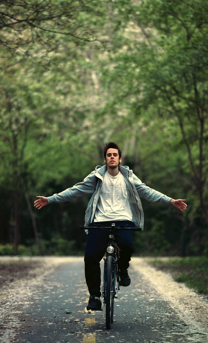 จักรยาน, ไม่มีมือ, ขี่, จักรยาน, หนุ่ม, ฤดูร้อน, มีความสุข