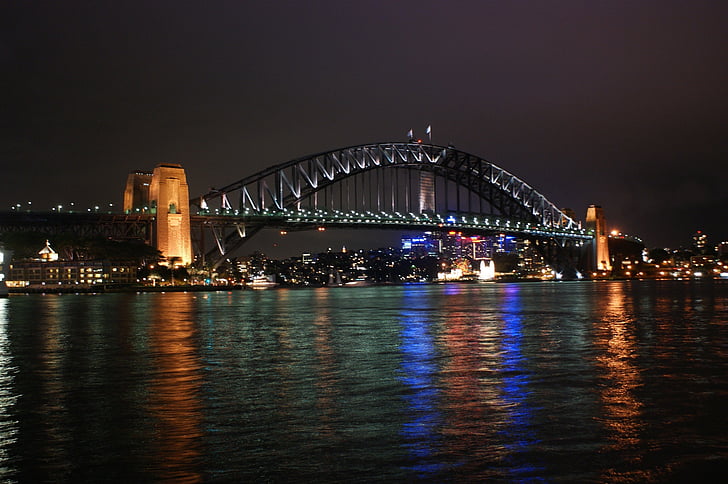 Sydney harbour bridge, natt, reflektion, vatten, staden, färgglada, arkitektur