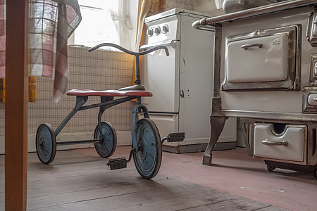 vehículo de tres ruedas, retro, cocina, estufa, nostalgia, antiguo, juguetes