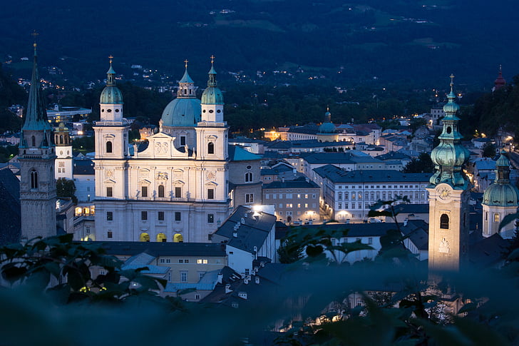 Salzburg, Österrike, Mönchberg, gamla stan, Salzburg cathedral, arkitektur, natt fotografi
