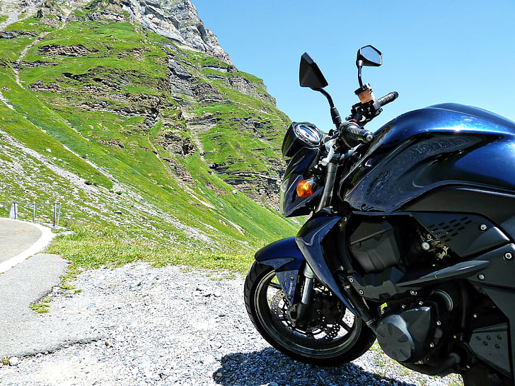 motociklas, mėlyna, žalia, atspindys, vasaros, saulėta, Šveicarija