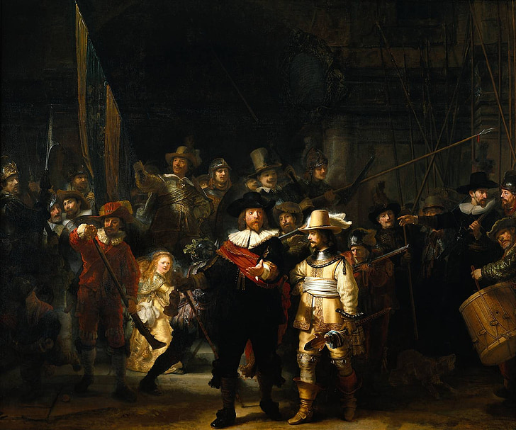 Rembrandt van rijn, maliar, umelci, Nočná hliadka, olejomaľba, plátno, Maľba