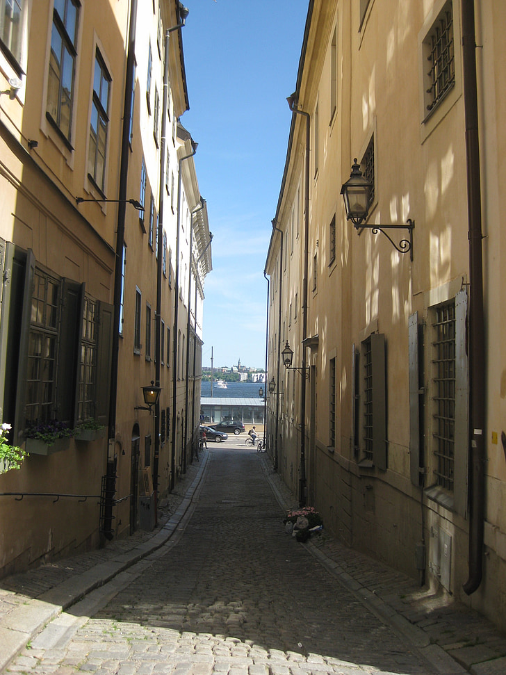 Stockholm, Gamla stan, oude stad, Alley, zon, gevel, venster
