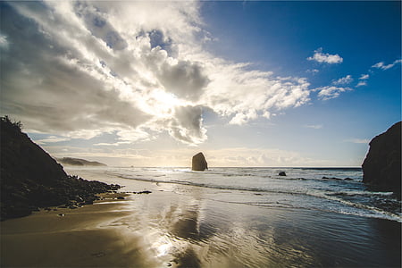 Foto, Rock, silouthee, solen, Ray, moln, stranden
