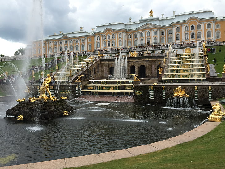 фонтан, парк, Петерхоф, замък, стълби, Русия