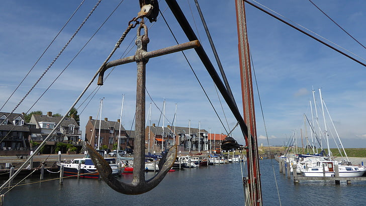 anchor, port, anchorage, iron, boats, lake, water