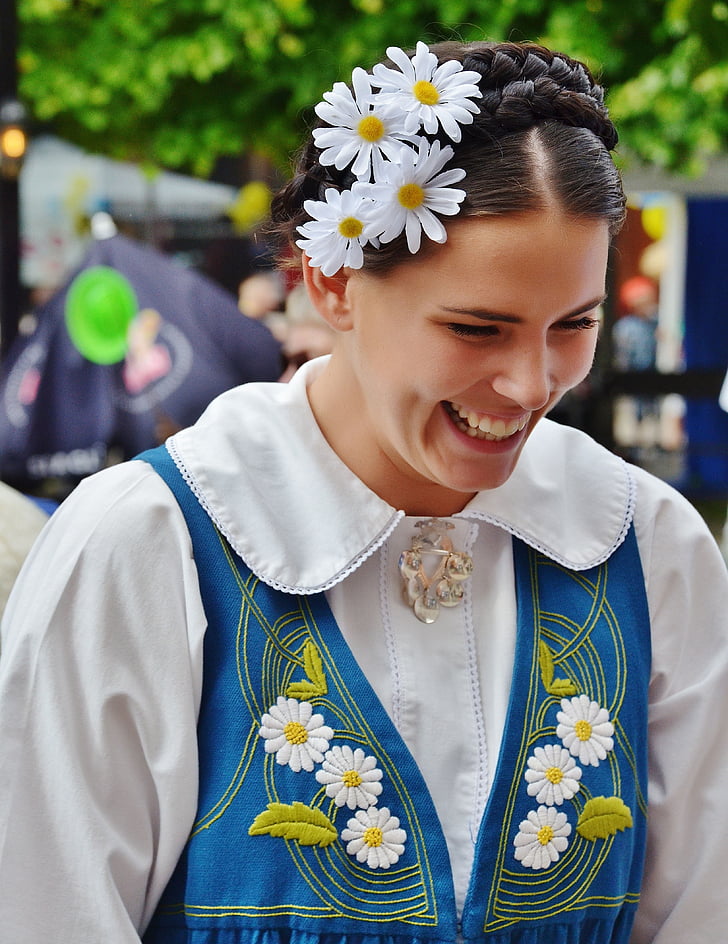 laughing, girl, sweden, national costume, tradition, clothing, costume