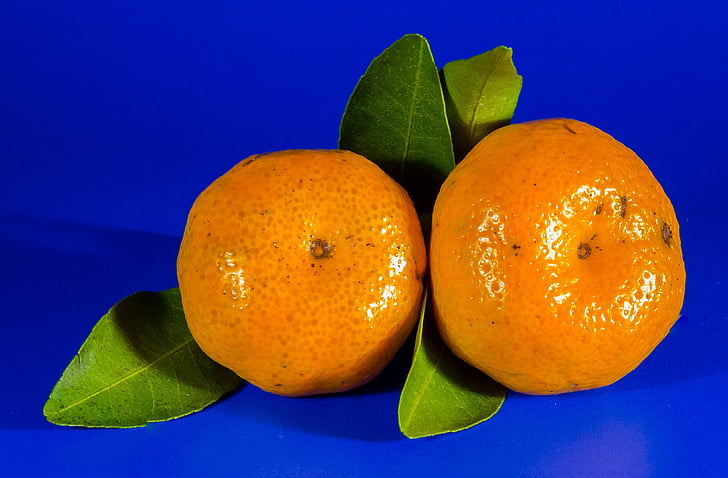 dos, taronges, fulles, taronja, mandarí, fruita, cítrics