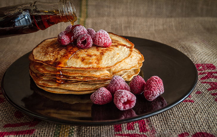 pancakes, maple, syrup, sweet, food, breakfast, raspberry