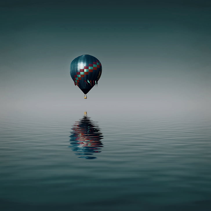balloon, ocean, flying, travel, reflection, mid-air, water