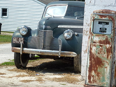 route 66, antique car, vintage, rustic, automobile, gas pump, retro