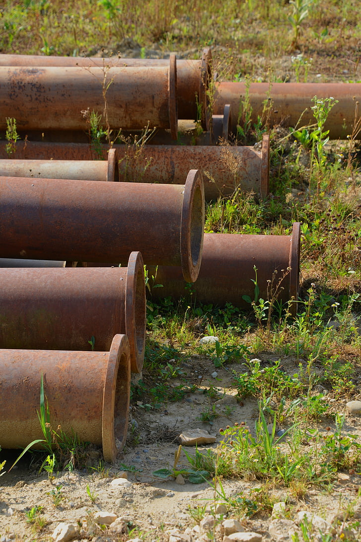 pipes, meadow, old, stainless, iron, nature, industry