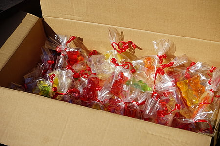 carton, Gummi bears, emballé, sachets, mitbringsel, cellophane, gommes de fruits