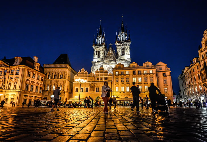 Prague, velho, cidade, pináculo, noite, Turismo, Turismo