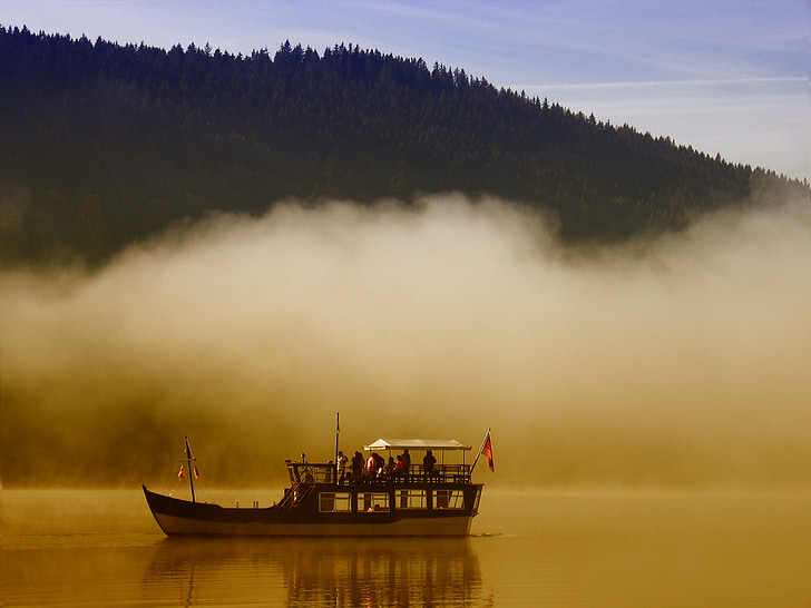 boot, ferry, black forest, lake, titisee, germany, fog