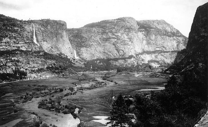 hetch hetchy völgye, 1900-ban, fenn a Toulomne folyó, hegyi, völgy, erdő, szikla