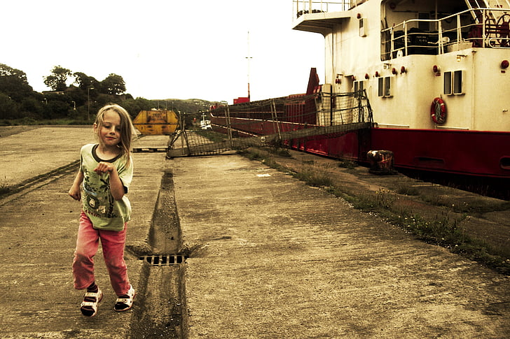 child running, boat, harbour, ship, childhood, girl, happy