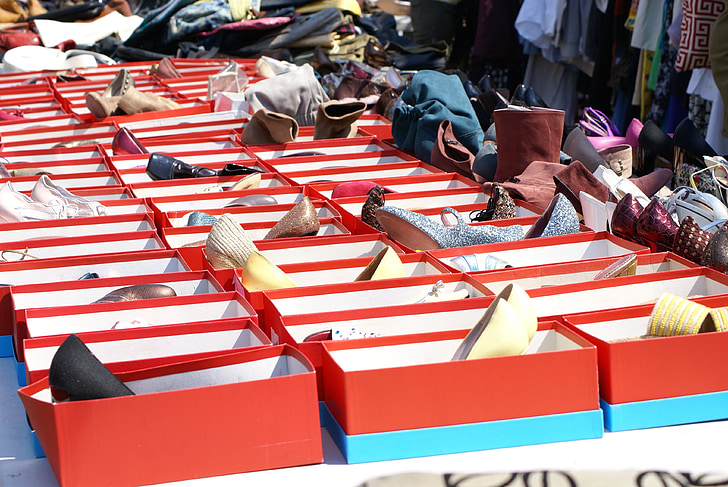 sabates, caixes de sabates, shoebox, Caixa, venda al detall, mercaderia, mercat de puces