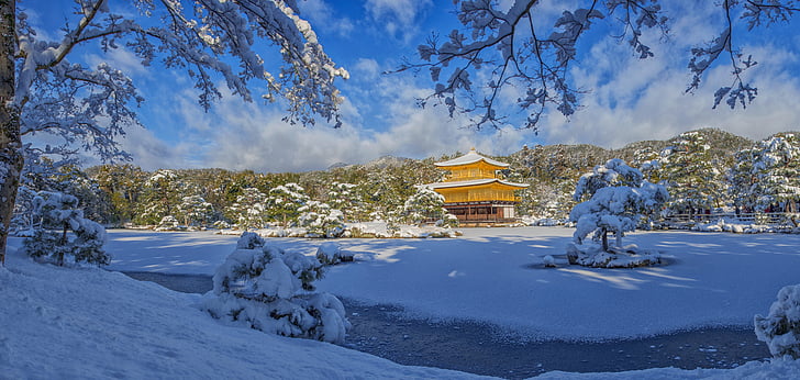 panorama landschap, Kinkaku-ji, sneeuw, het culturele erfgoed van de wereld, Toerisme, Kyoto, Japan