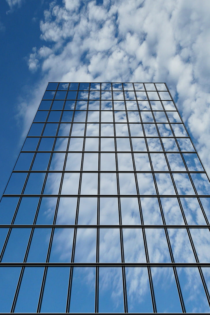 grattacielo, nuvole, riflettere, specchio, finestra, specchi di ricambio, il cloud computing